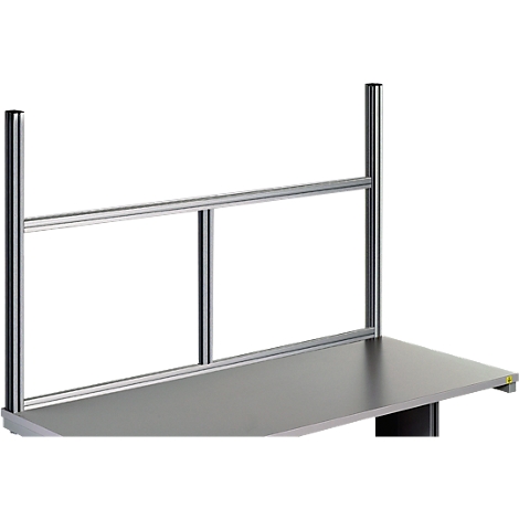 Gray metal construction with vertical and horizontal bars. Mounted on a gray table, presumably as protection.