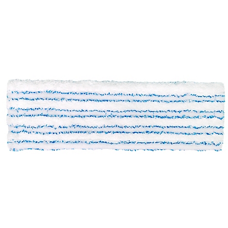 Tête de balai rectangulaire blanche avec des rayures horizontales bleues sur fond blanc.
