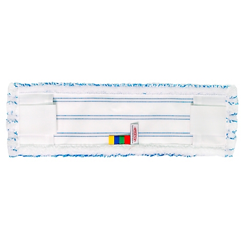 Tête de balai rectangulaire en microfibre blanche avec des rayures bleues et des languettes de couleur.
