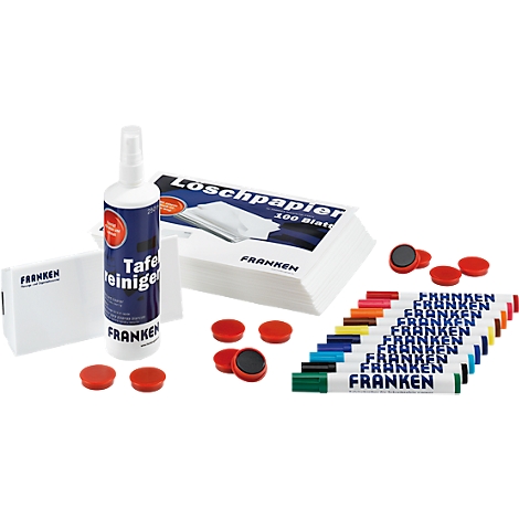 Arrangement of board supplies: cleaner, paper, markers and magnets, all branded Franken.