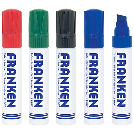 Five colored whiteboard markers (red, green, black, blue) side by side. Text: FRANKEN, whiteboard marker.