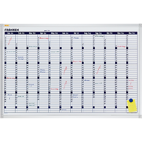 White annual planner board with markings and labels. On yellow note with pin.