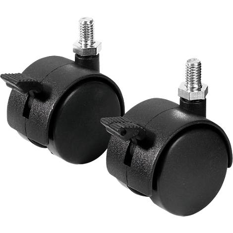 Two black furniture casters with adjustment levers and silver threaded bolts.