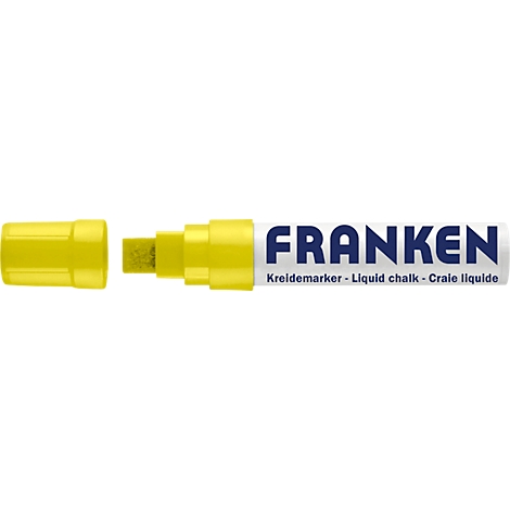 Yellow Franken chalk marker with cap aside. Text: Franken. Below: Kreidemarker, Liquid chalk, Craie liquide.