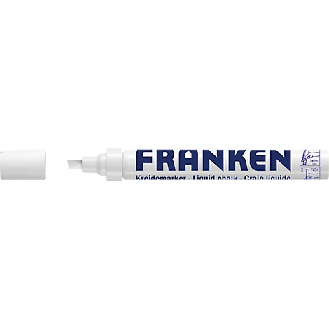 A white FRANKE liquid chalk marker. The word FRANKEN is printed in blue on the marker. Below it reads 'Kreidemarker, liquid chalk, craie liquide'.
