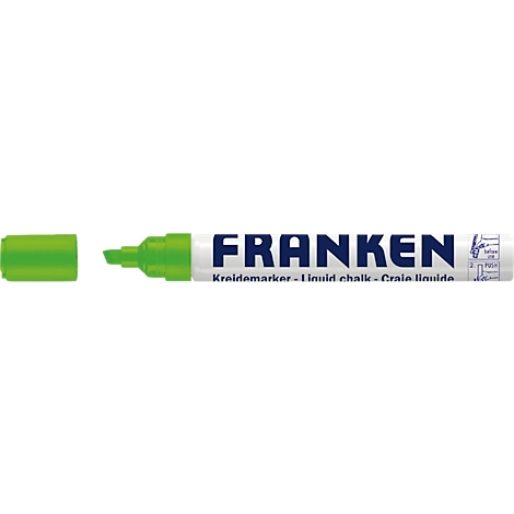 Close-up of a green Franken chalk marker, partially open. The brand name is clearly visible.