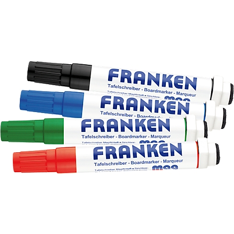 Four Franken whiteboard markers in black, blue, green and red. The word "FRANKEN" is prominently displayed on each pen.