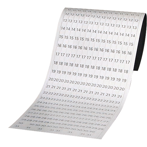 Rolled paper with numbers. Repeated from 12 to 31 in rows. Black text on light background.
