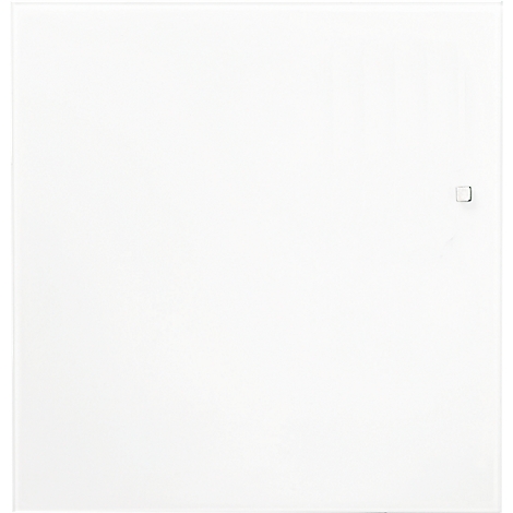 White square object with a small, square element on the right side.