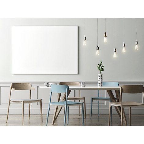 Dining room with white board, table, chairs, pendant lights, flower vase, neutral background.