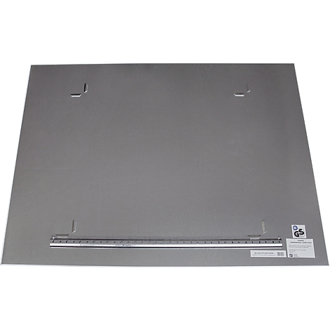 Grey metal plate with cutouts and measuring bar.