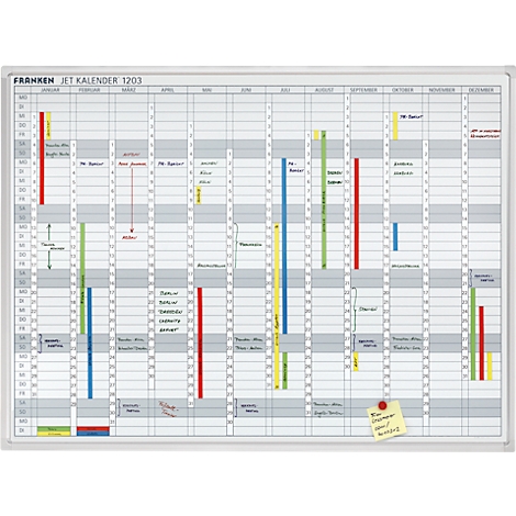 White flip chart with colored markers and text. "FRANKEN JET CALENDAR 1203" is at the top. A sticky note is attached to the bottom.