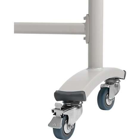 Close-up of a furniture wheel attached to a white metal frame. Gray-blue roll with parking brake.