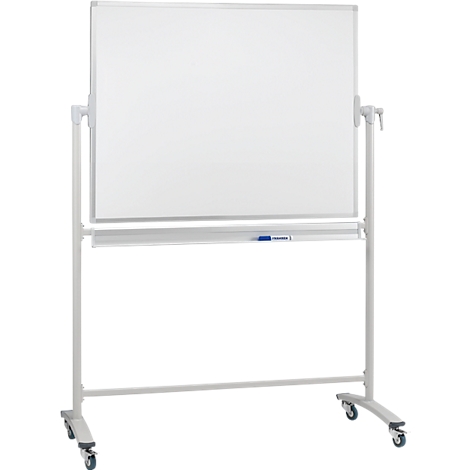 White rolling whiteboard with pen holder. Four castors, metal frame and fittings. A blue pen is in the holder.