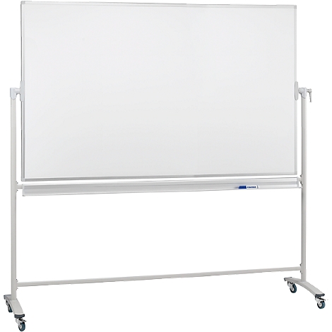 Mobile white board, white, on castors. A pen tray at the bottom, the whiteboard at the top. The frame and bracket are light grey.