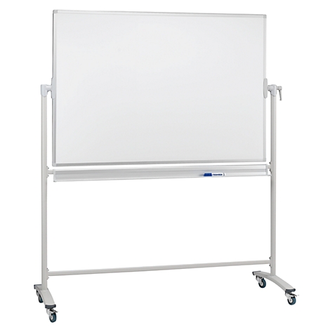 White, rotatable whiteboard on wheels. Underneath a shelf with a blue pen. Steel frame in light grey.