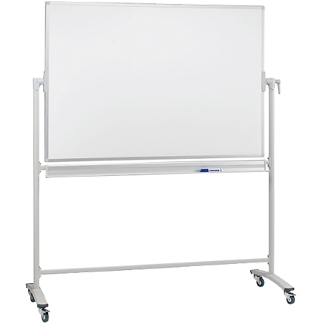 White, double-sided whiteboard on wheels. Light gray frame and stand. A pen is in the shelf.