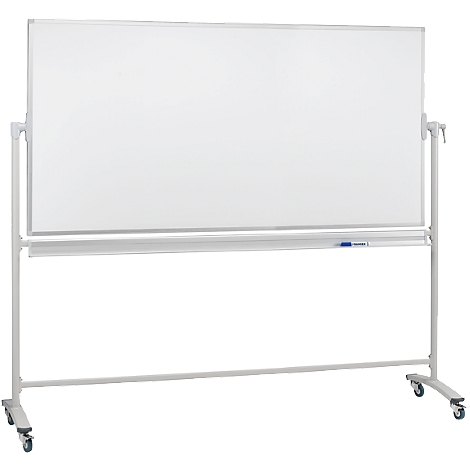 White, double-sided whiteboard on wheels. It is surrounded by a silver frame and has a storage tray for pens.