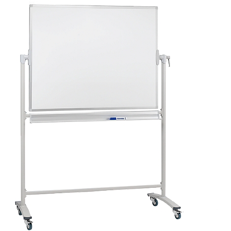 White, mobile whiteboard. On a frame with wheels, with a pen holder and a blue pen.