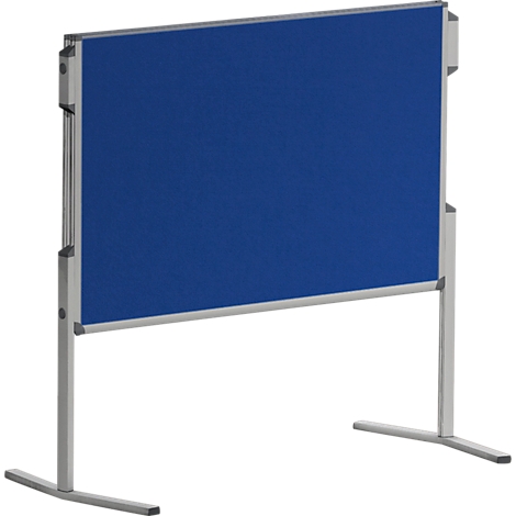 Blue notice board with silver frame. The free-standing frame stands on two feet.