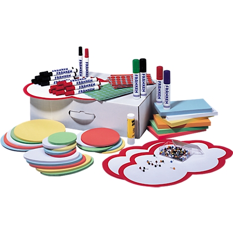 A collection of colorful paper circles, pens, and other office supplies, arranged on a white surface.