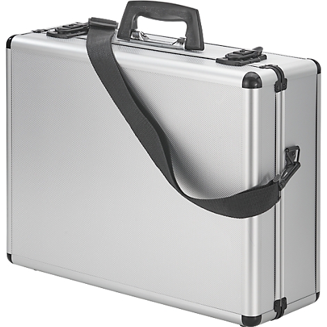 Silver suitcase with black handle and shoulder strap. Corner protectors.