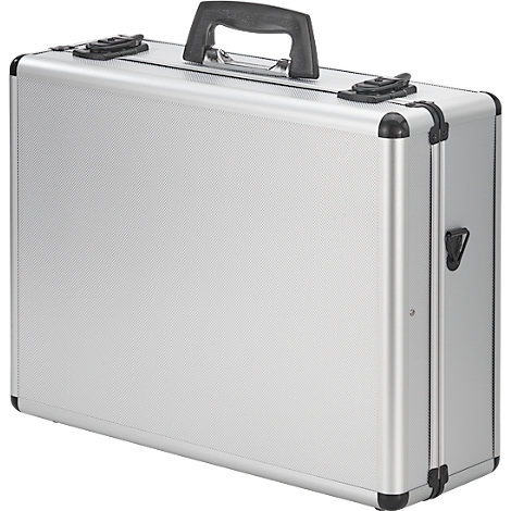 Silver colored tool case with black handle and clasps.