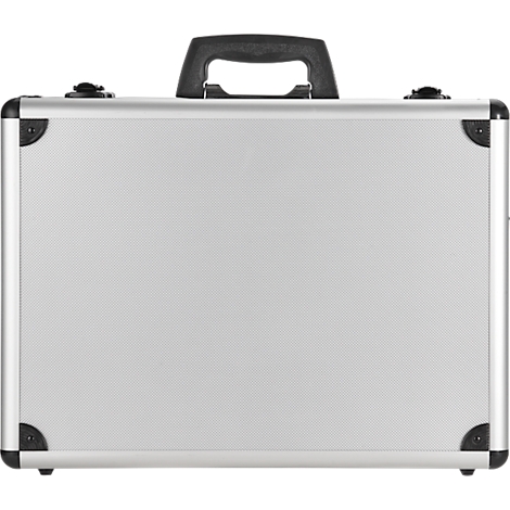 Silver briefcase with black handle, black corners and clasps.