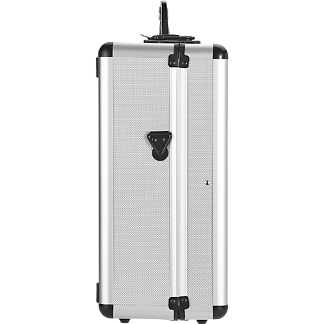Silver aluminum suitcase in portrait format, black handle and closures.