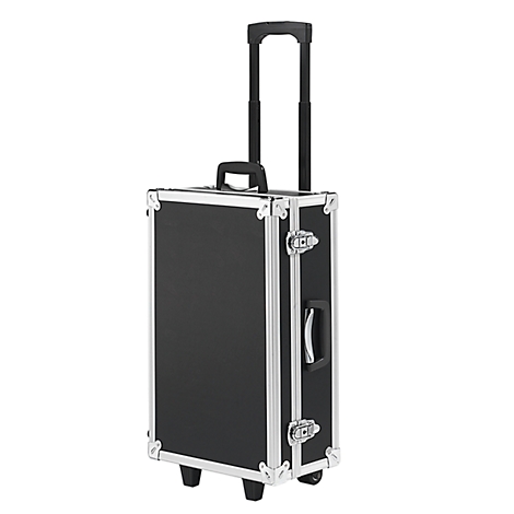 Black trolley case with retractable handle and wheels, against a white background.