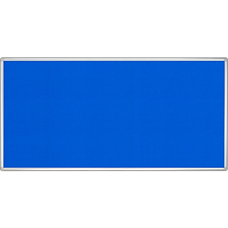 Blue notice board with silver frame. Empty surface, ready for notes.