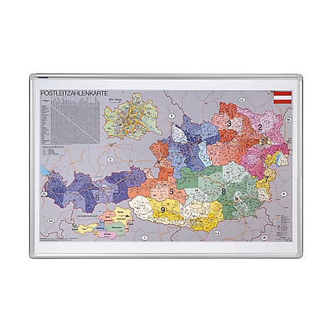 Landkarte von Österreich mit Postleitzahlen, im Rahmen. Flagge und Text sind sichtbar.