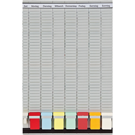 Grey weekly schedule board with colorful cards. The days of the week are written at the top.