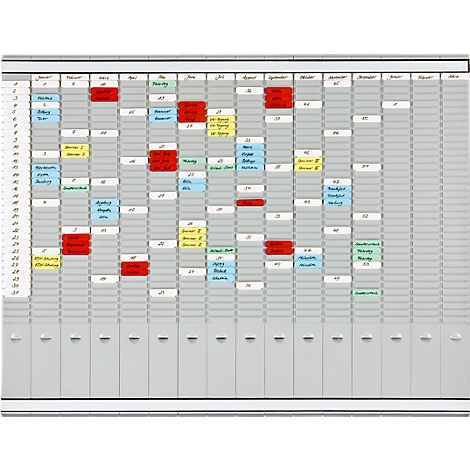 Gray planning board with colorful sticky notes. Months and dates are labeled.