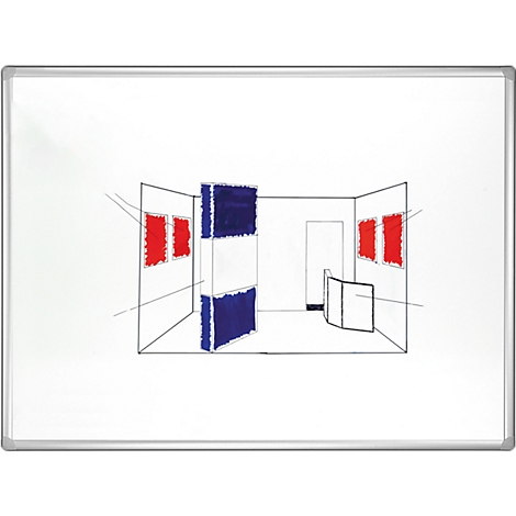 Sketch of a room with red and blue color fields. Perspective drawing, black lines, white surfaces.