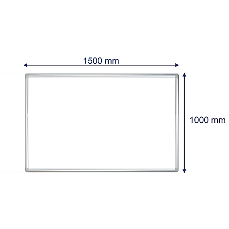 Rectangular white board with a silver frame. Dimensions are 1500 mm x 1000 mm.