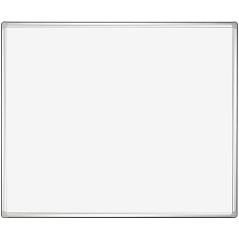A rectangular, blank whiteboard with a silver frame.