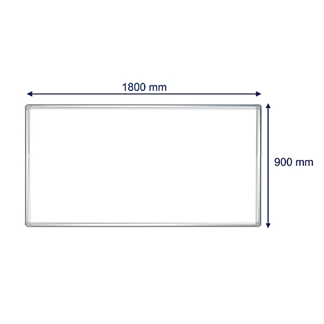 Rectangular whiteboard with white frame. Dimensions: 1800 mm x 900 mm.