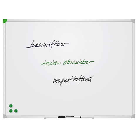 Weißes Whiteboard mit silbernem Rahmen. Beschriftung in Schwarz und Grün: Beschriftbar, trocken abwischbar, magnethaftend. Grüne Magnete.