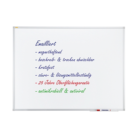 White, enameled whiteboard with blue, red and green writing. Features include: magnetic, wipeable, scratch-resistant, acid-resistant, 25-year warranty and antimicrobial.