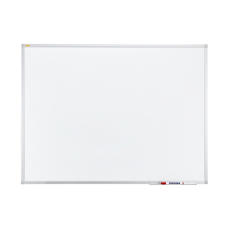 White rectangular whiteboard with a silver frame. A red and blue pen are at the bottom. Nothing is written on the board itself.
