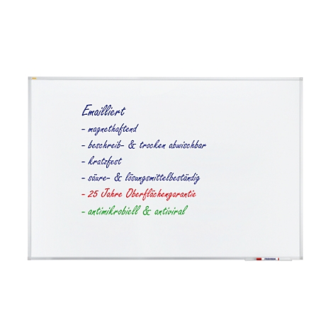 White rectangular whiteboard with a silver frame. Text in blue, red and green: Emailliert, magnetic, writable, dry wipe, scratch resistant, acid & solvent resistant, 25 years surface guarantee, antimicrobial & antiviral.