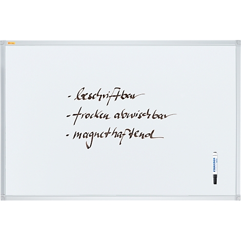 White whiteboard with handwritten bullet points: writable, dry wipeable, magnetic. A pen is next to it.