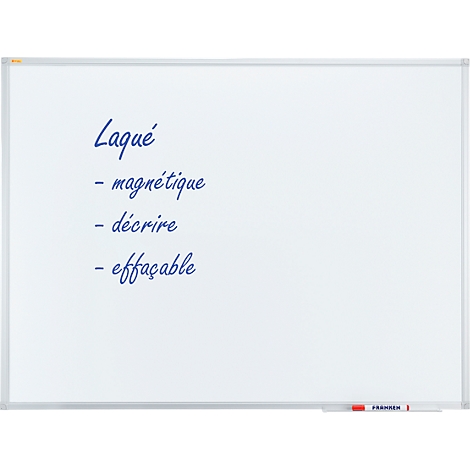 White whiteboard with blue text: Laqué, magnétique, décrire, effaçable. A red and white pen at the bottom.