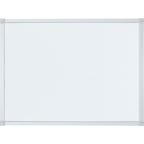 An empty whiteboard with a silver frame. The surface is white and reflects light.