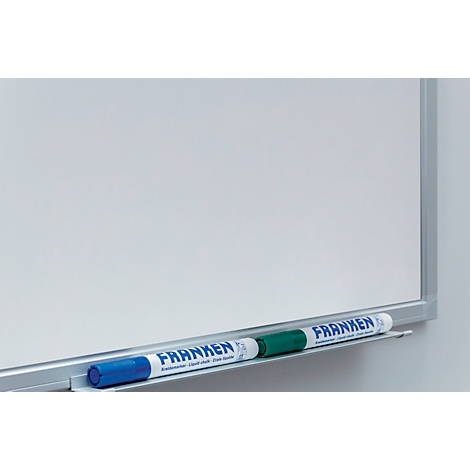 White whiteboard with silver frame. Below are two blue and one green markers. The markers say "FRANKEN".