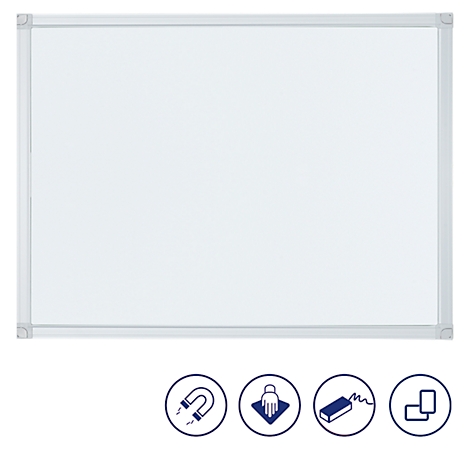 Whiteboard with a silver frame. Underneath are icons for magnetic, wipeable, dry erase, and accessories.