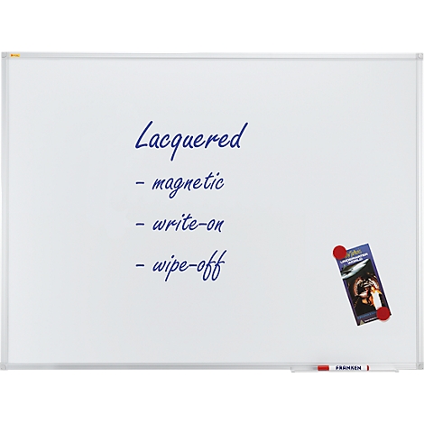 Whiteboard with text: Lacquered, magnetic, write-on, wipe-off. Magnet with brochure on the right.