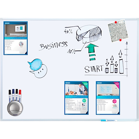 Whiteboard with diagrams, notes and brochures. Multicolored pens in holder. Notes: Business, Start.