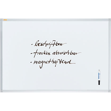 White whiteboard with silver frame, three handwritten properties, a pen on the right.